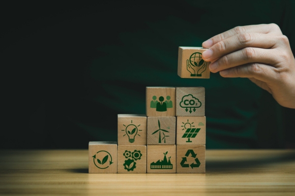 wooden cubes with different sustainability icons