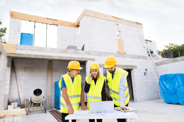 Architects and worker at the construction site